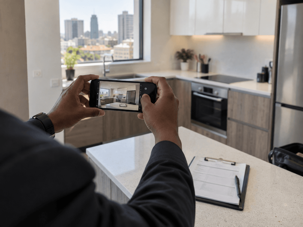 A property manager photographing an apartment kitchen during an inspection
