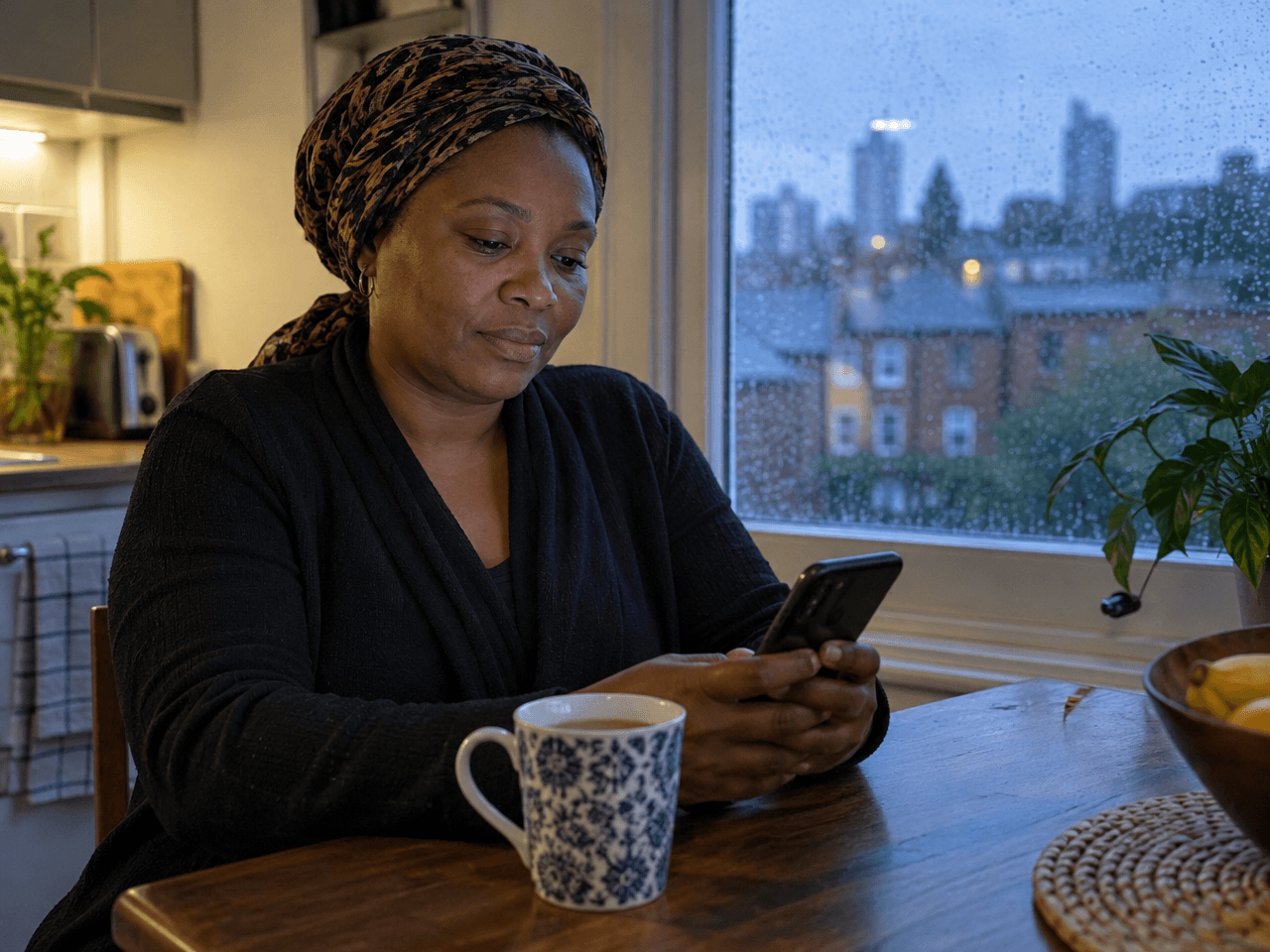 A woman checking her phone at a kitchen table in the evening