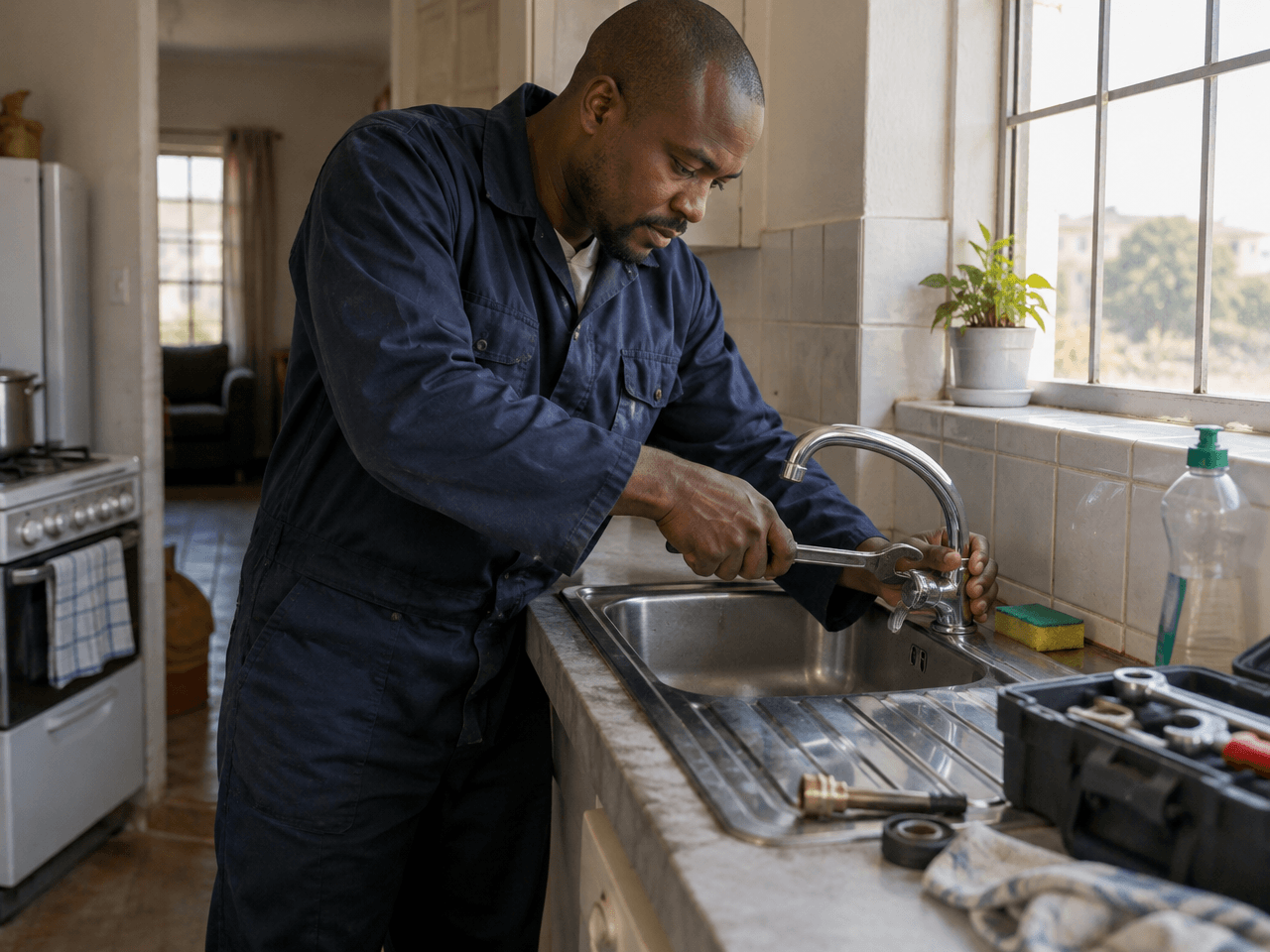 A plumber fixing a kitchen tap